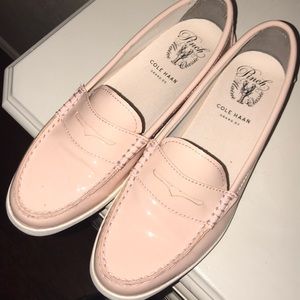 Pink patent leather loafers w white trim